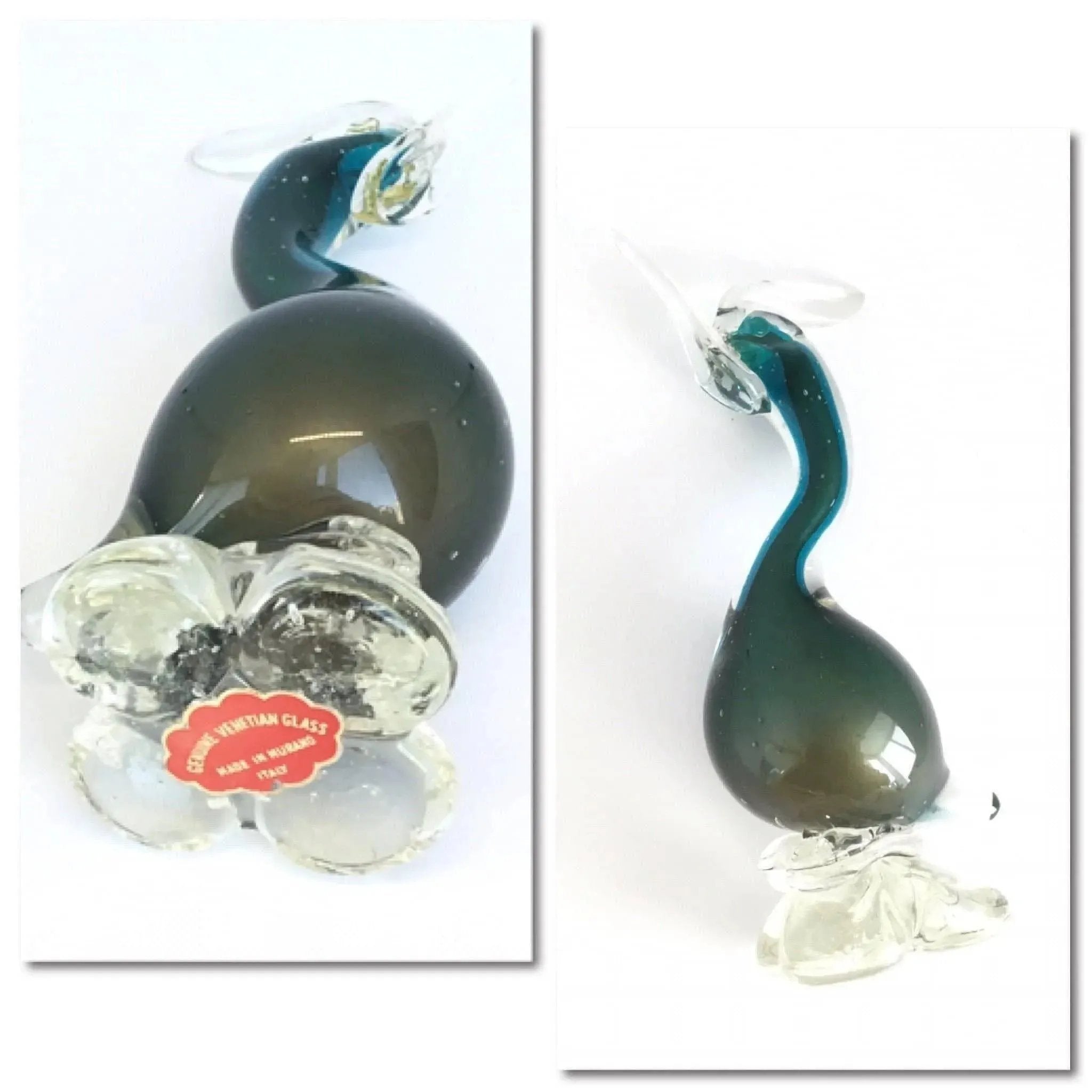 Vintage Murano Glass Swan Figurine - Teal and Gold Elegance