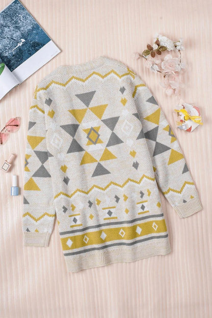 Geometric Print Open Front Knitted Cardigan Jewelry Bubble