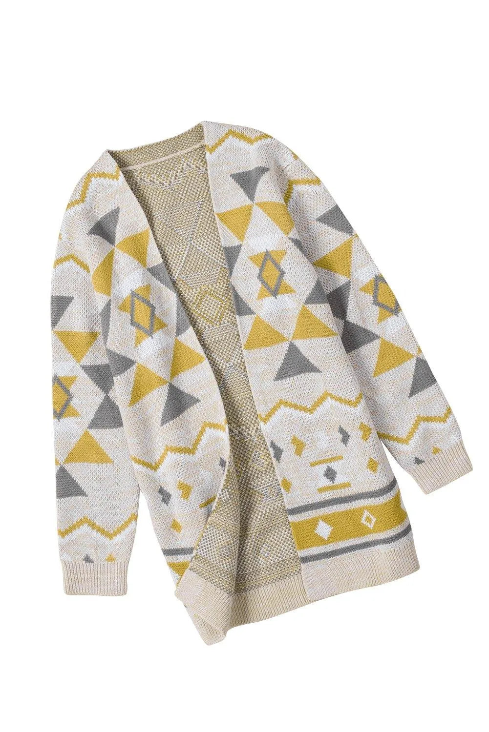 Geometric Print Open Front Knitted Cardigan Jewelry Bubble