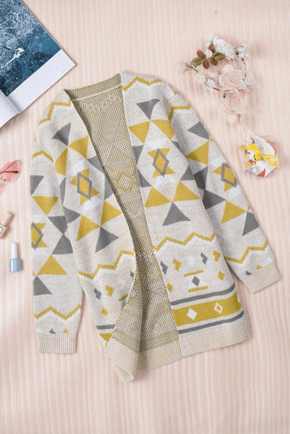 Geometric Print Open Front Knitted Cardigan Jewelry Bubble