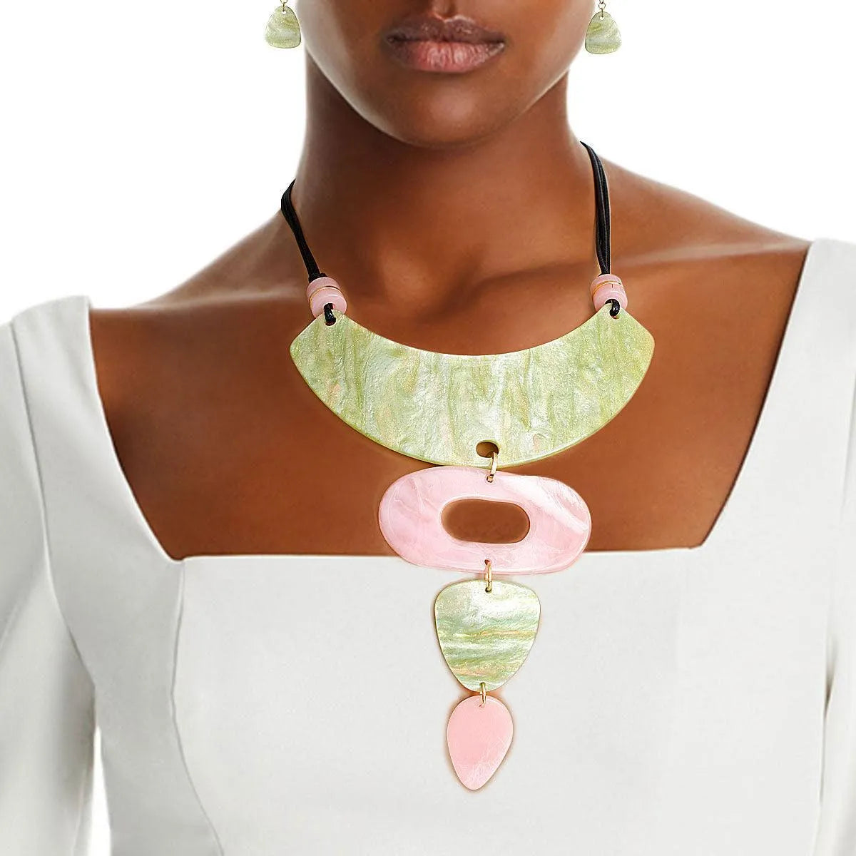 Get Noticed: Unique Pink Green Drop Collar Necklace Set Jewelry Bubble