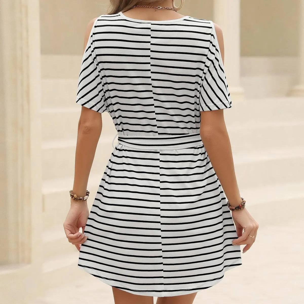 Get Noticed in This Striped V-Neck Cold Shoulder Mini Dress with Belt Jewelry Bubble