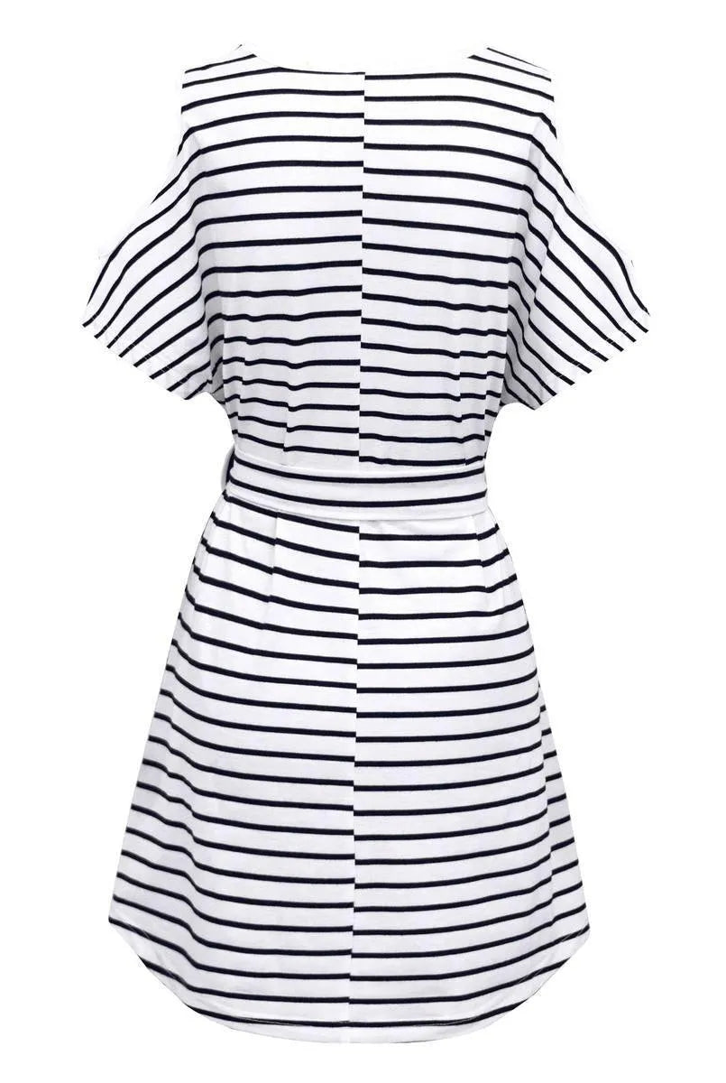 Get Noticed in This Striped V-Neck Cold Shoulder Mini Dress with Belt Jewelry Bubble