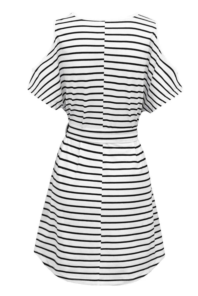 Get Noticed in This Striped V-Neck Cold Shoulder Mini Dress with Belt Jewelry Bubble