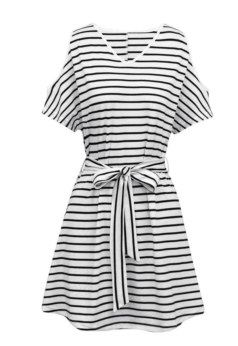 Get Noticed in This Striped V-Neck Cold Shoulder Mini Dress with Belt Jewelry Bubble