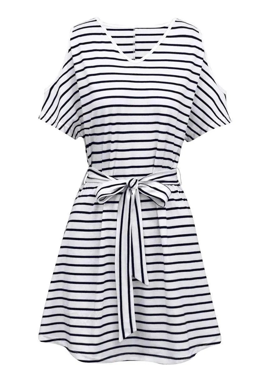 Get Noticed in This Striped V-Neck Cold Shoulder Mini Dress with Belt