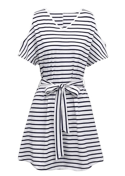 Get Noticed in This Striped V-Neck Cold Shoulder Mini Dress with Belt Jewelry Bubble