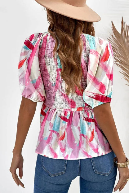 Get Noticed in this V Neck Abstract Print Top with Puff Sleeves Jewelry Bubble