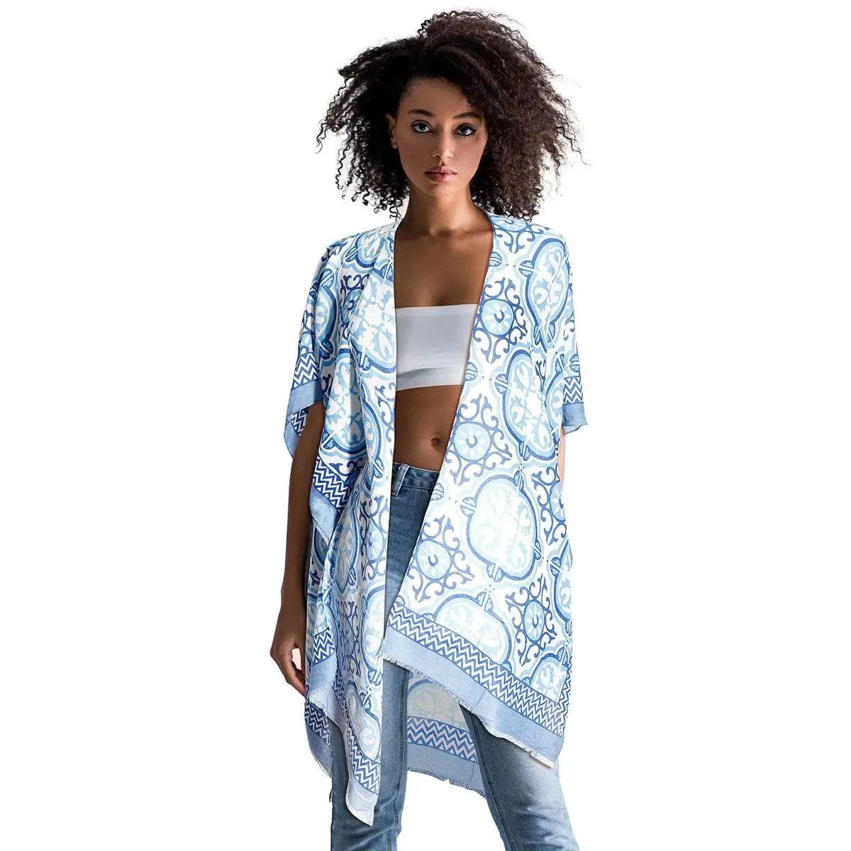 Get Ready for the Beach with this Stylish Blue Tile Print Kimono Cover