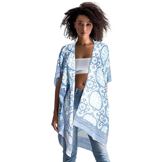 Get Ready for the Beach with this Stylish Blue Tile Print Kimono Cover Jewelry Bubble