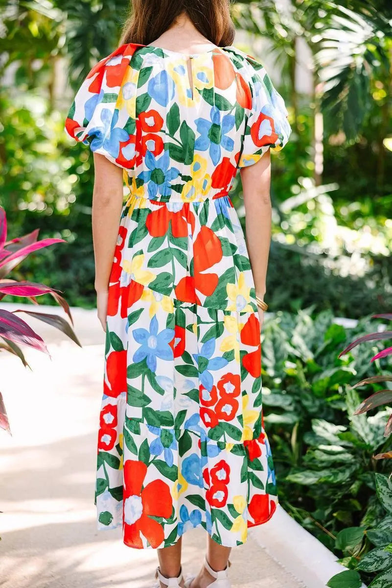 Get Set to Blossom: Notch Neck Floral Midi Dress on Shop Now Jewelry Bubble