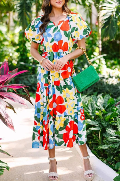 Get Set to Blossom: Notch Neck Floral Midi Dress on Shop Now Jewelry Bubble