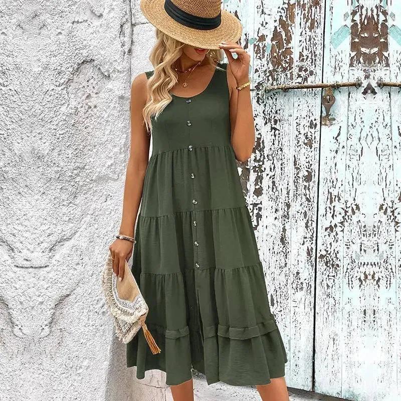 Get Summer-Ready with Our Sleeveless Buttoned Midi Dress