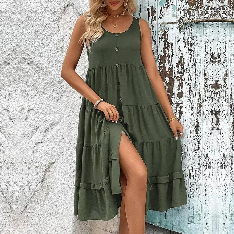 Get Summer-Ready with Our Sleeveless Buttoned Midi Dress