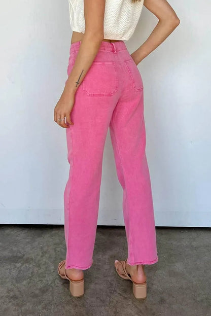 Get Your Fashion Fix: Pink Flare Leg Jeans with Raw Hem Jewelry Bubble