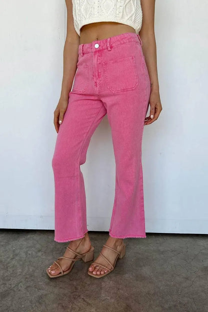 Get Your Fashion Fix: Pink Flare Leg Jeans with Raw Hem Jewelry Bubble