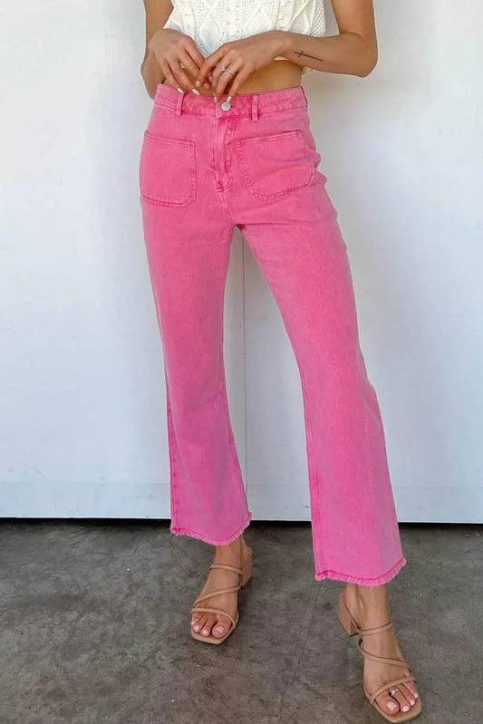 Get Your Fashion Fix: Pink Flare Leg Jeans with Raw Hem Jewelry Bubble