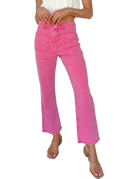 Get Your Fashion Fix: Pink Flare Leg Jeans with Raw Hem Jewelry Bubble