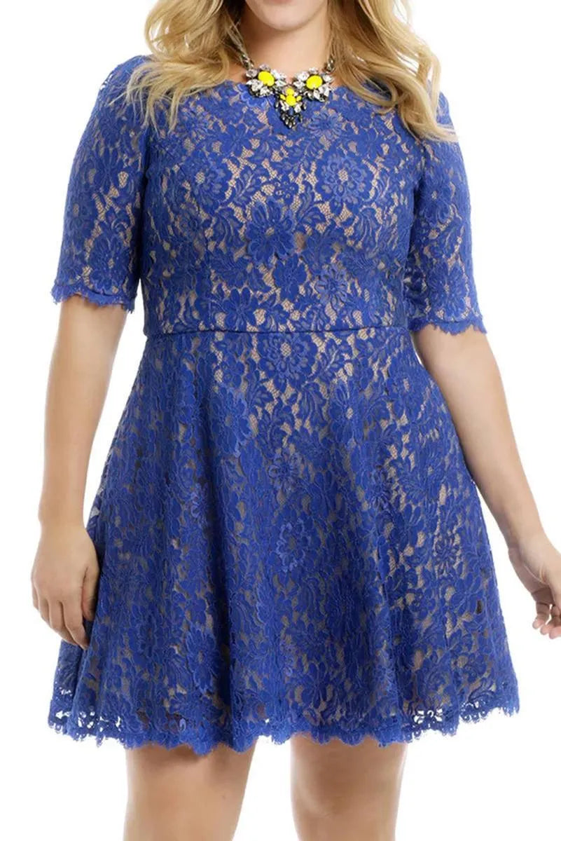 Get Your Plus-Size Skater Dress Fix with Our Floral Blue Lace Nude Dress! Jewelry Bubble