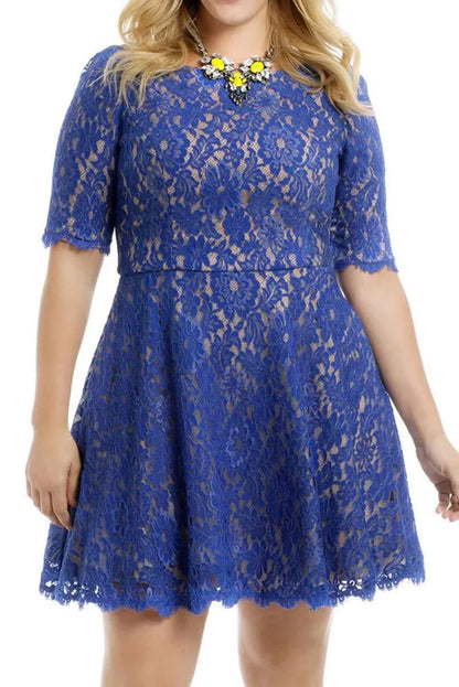 Get Your Plus-Size Skater Dress Fix with Our Floral Blue Lace Nude Dress! Jewelry Bubble