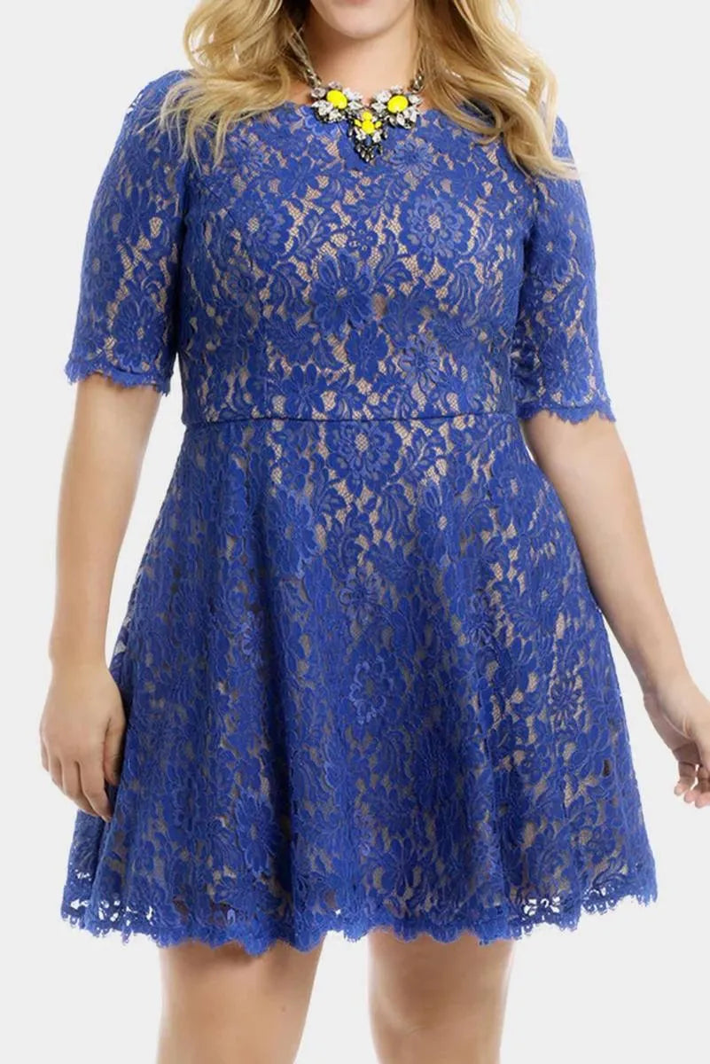 Get Your Plus-Size Skater Dress Fix with Our Floral Blue Lace Nude Dress! Jewelry Bubble