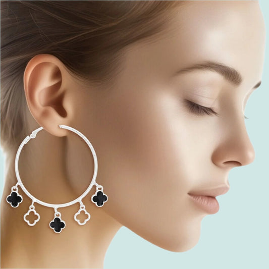 Gleaming Silver Hoop Earrings with Black Clover Charms Pinktown