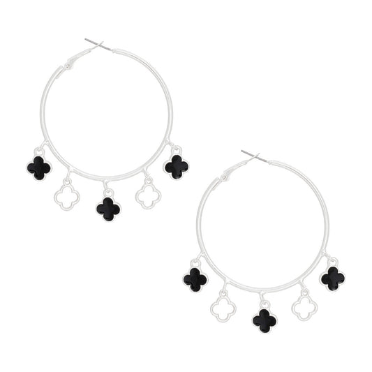 Gleaming Silver Hoop Earrings with Black Clover Charms Pinktown