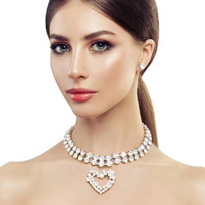 Glitzy Drop Open Heart Choker Necklace Set Silver Plated Jewelry Bubble