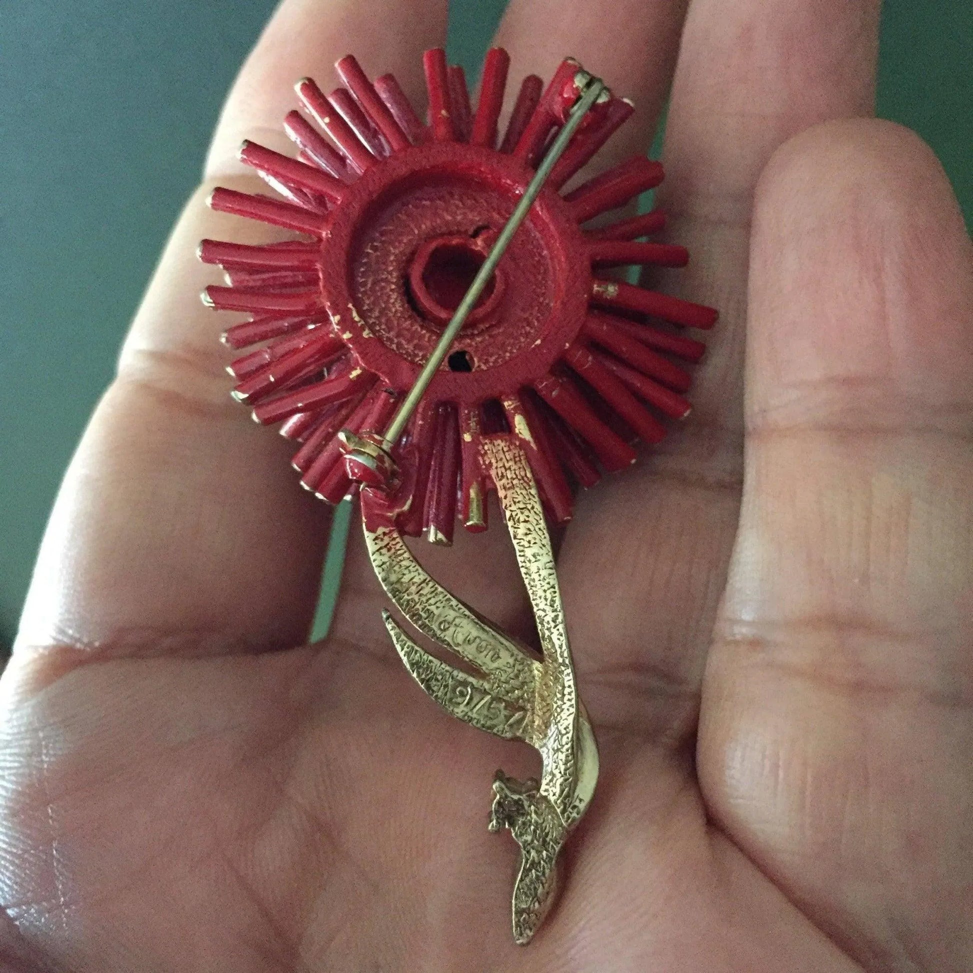 Globe thistle flower red gold tone vintage brooch pin Jewelry Bubble