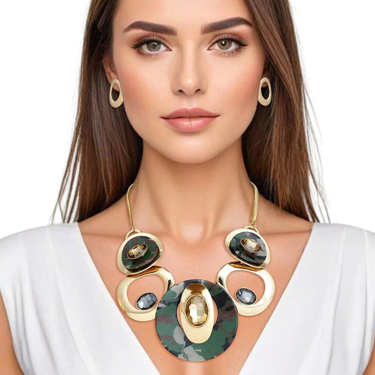 Gold Chan Camouflage Circular Bib Necklace with Earrings – Stylish! Jewelry Bubble