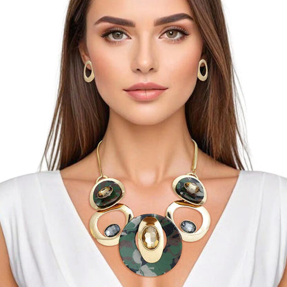 Gold Chan Camouflage Circular Bib Necklace with Earrings – Stylish! Jewelry Bubble