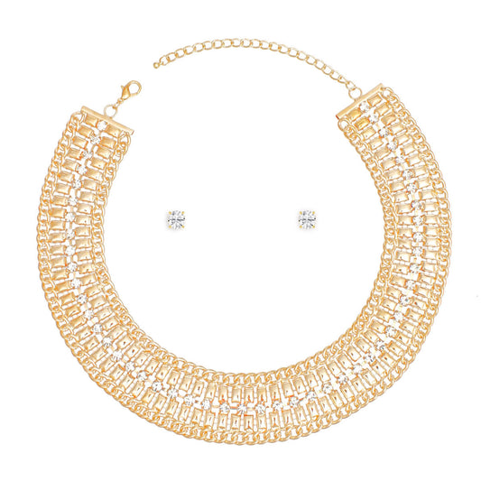 Gold Crystal Mesh Necklace & Earring Set - Elegant Statement Jewelry for Women Pinktown