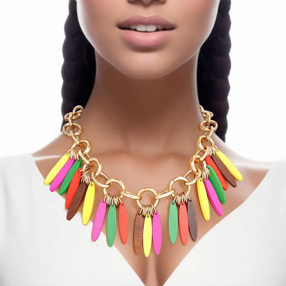 Gold Link Chain Multicolor Drops Detail Statement Necklace - Fashion Jewelry to Shop Now! Jewelry Bubble