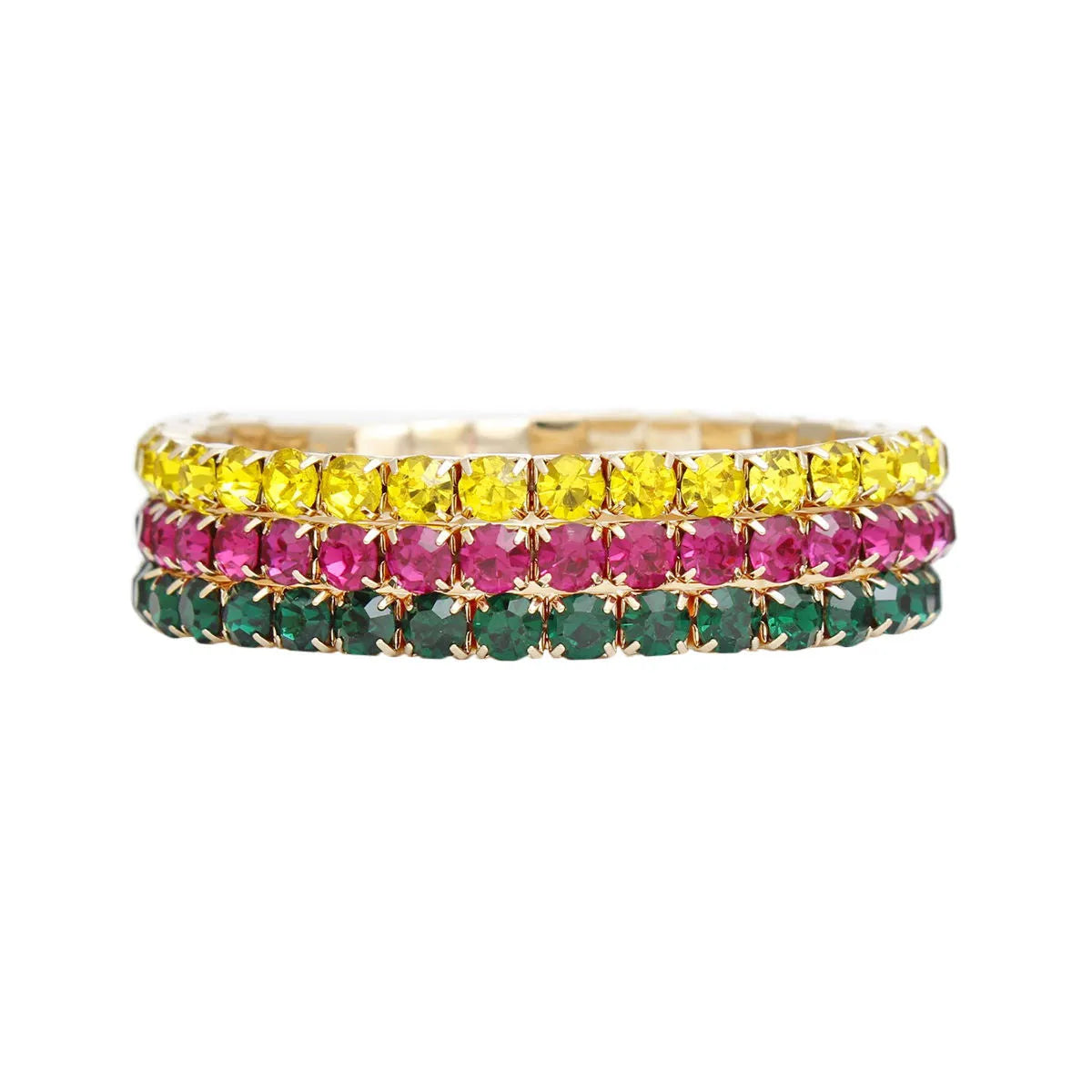 Gold Metal Stretch Bracelets in Green, Fuchsia, Yellow Rhinestones Jewelry Bubble