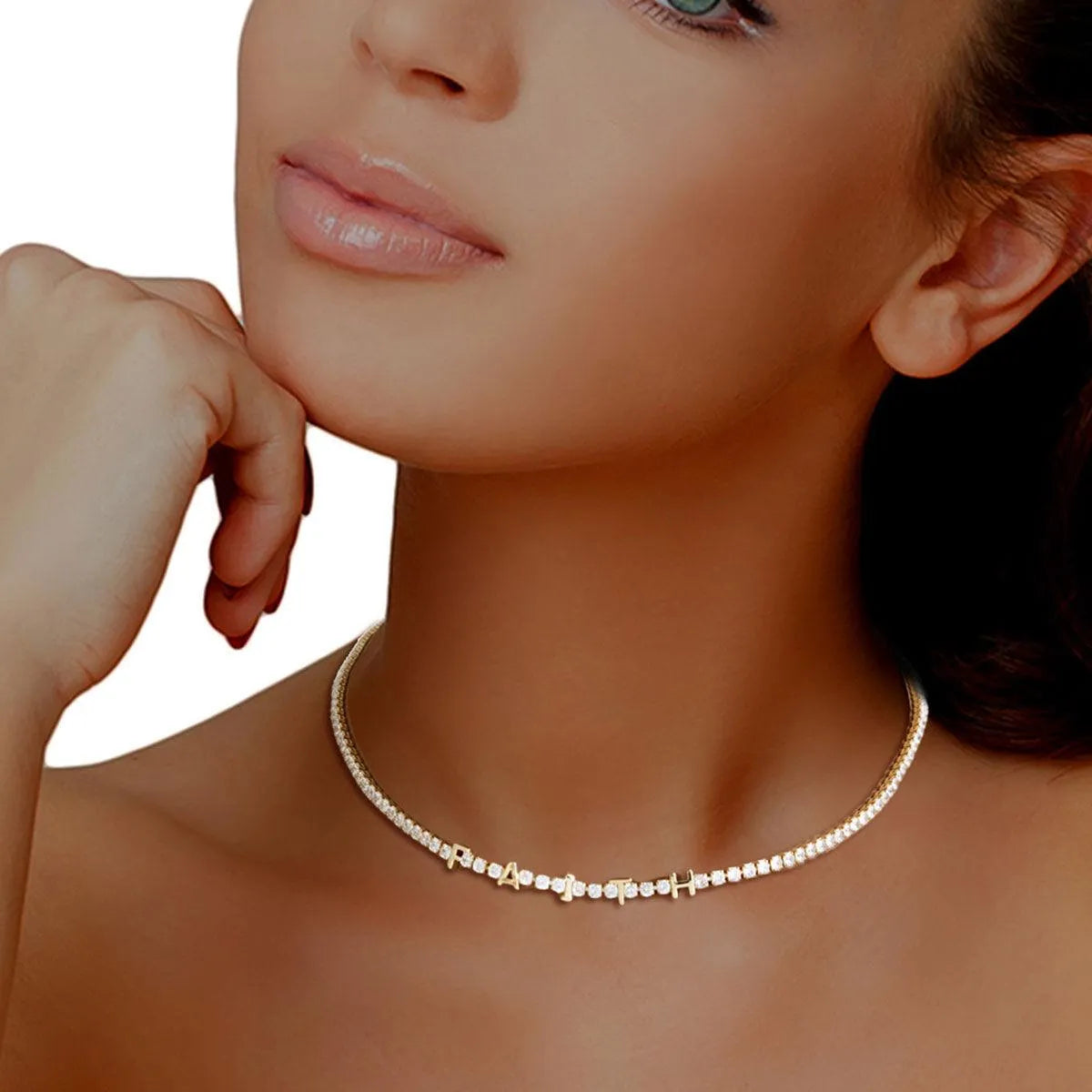 Gold Plated CZ Tennis Choker Necklace Faith Letters Jewelry Bubble