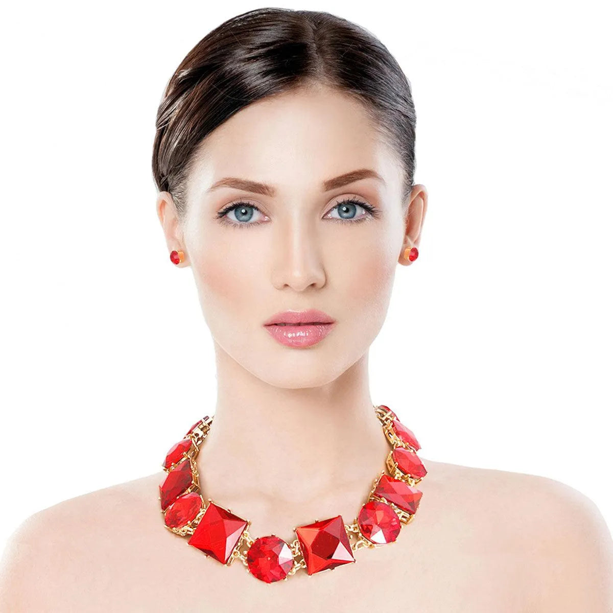 Gold Plated Chunky Red Acrylic Collar Necklace Set Jewelry Bubble