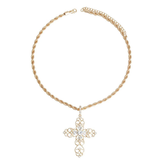 Gold Plated Filigree Cross Necklace Clear Rhinestones Jewelry Bubble