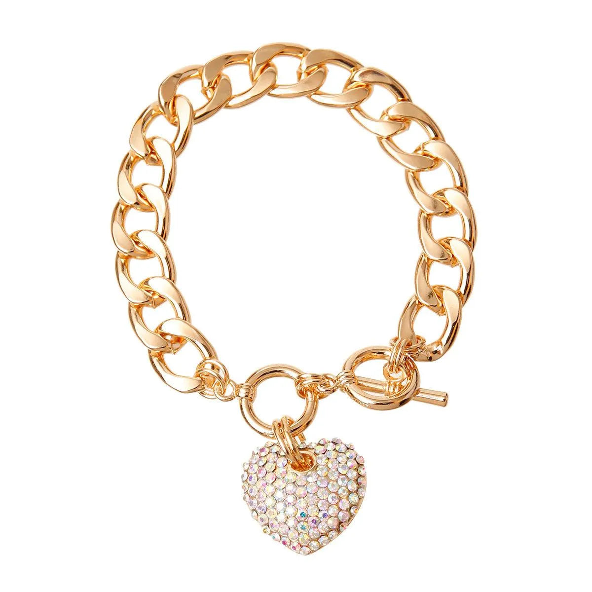 Gold Plated Link Chain Bracelet Aurora Borealis Heart Charm Jewelry Bubble