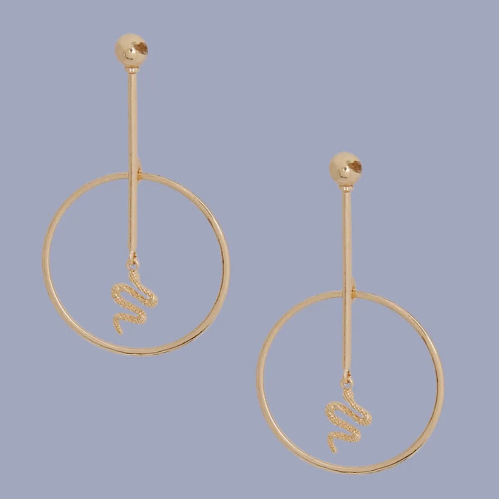 Gold Snake Charm Hoops: Linear Drop Earrings