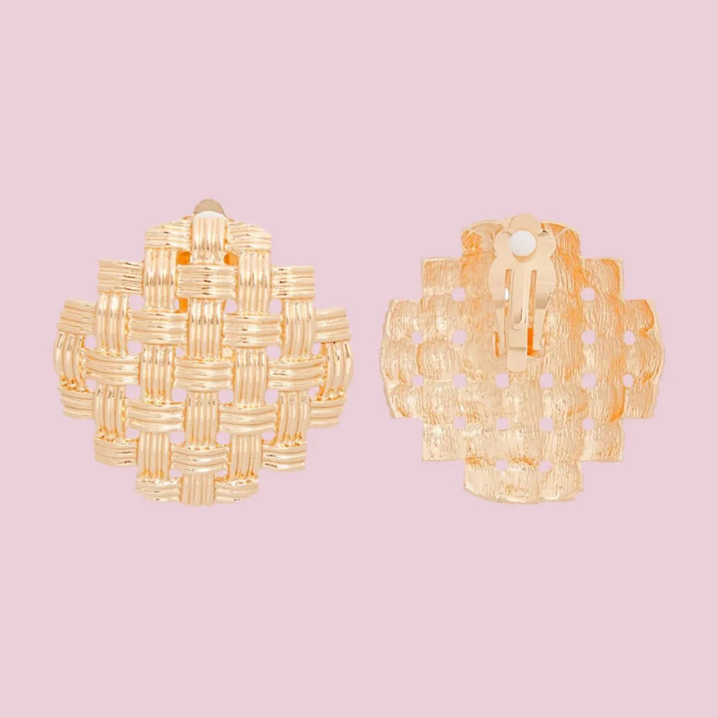 Gold-Tone Basket Weave Round Clip-On Earrings – Elegant Textured Design