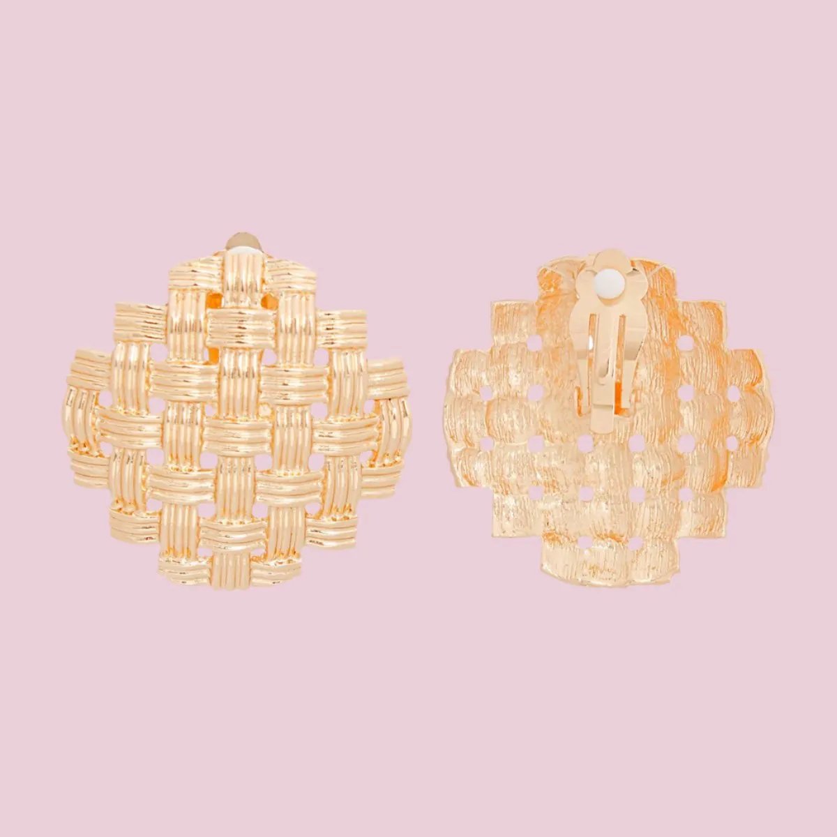 Gold-Tone Basket Weave Round Clip-On Earrings – Elegant Textured Design