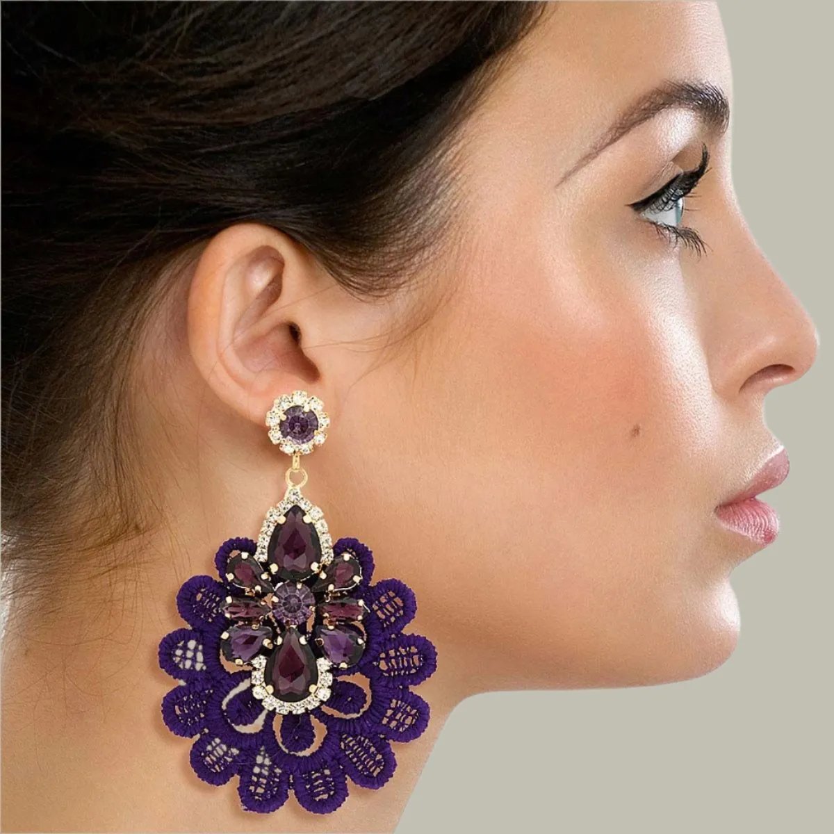 Gold-Tone Drop Earrings with Purple Faux Crystals