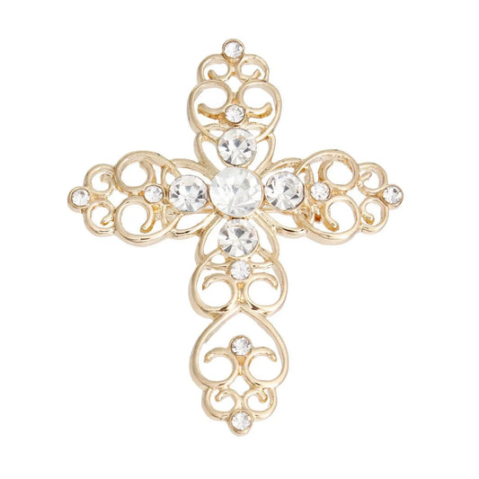 Gold Tone Filigree Clear Rhinestone Cross Brooch Pin Jewelry Bubble