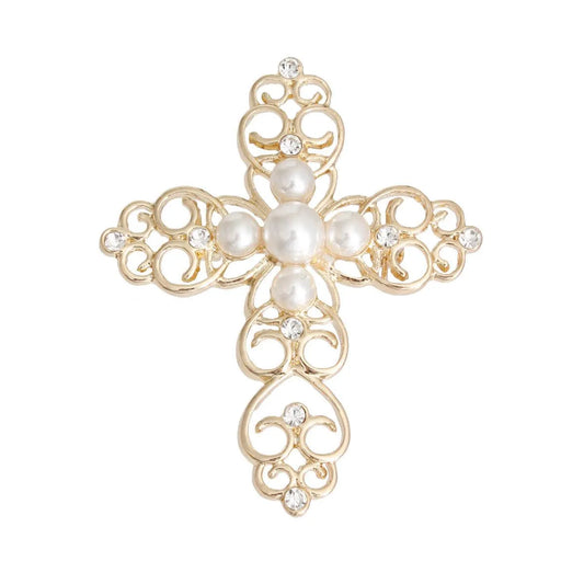 Gold Tone Filigree Cream Faux Pearl Cross Brooch Pin Jewelry Bubble