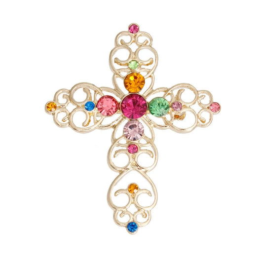 Gold Tone Filigree Multicolor Faux Gems Cross Brooch Pin Jewelry Bubble