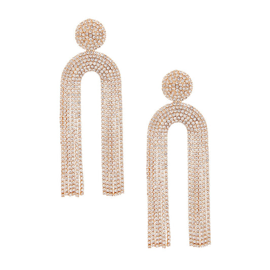 Gold-Tone Metal Earrings with Clear Pave Rhinestones – Glamorous Long Fringe Tassel Design Pinktown