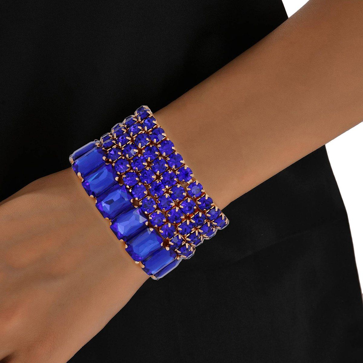 Gold-Tone Metal with Royal Blue Rhinestones Stretch Bracelet Set Jewelry Bubble