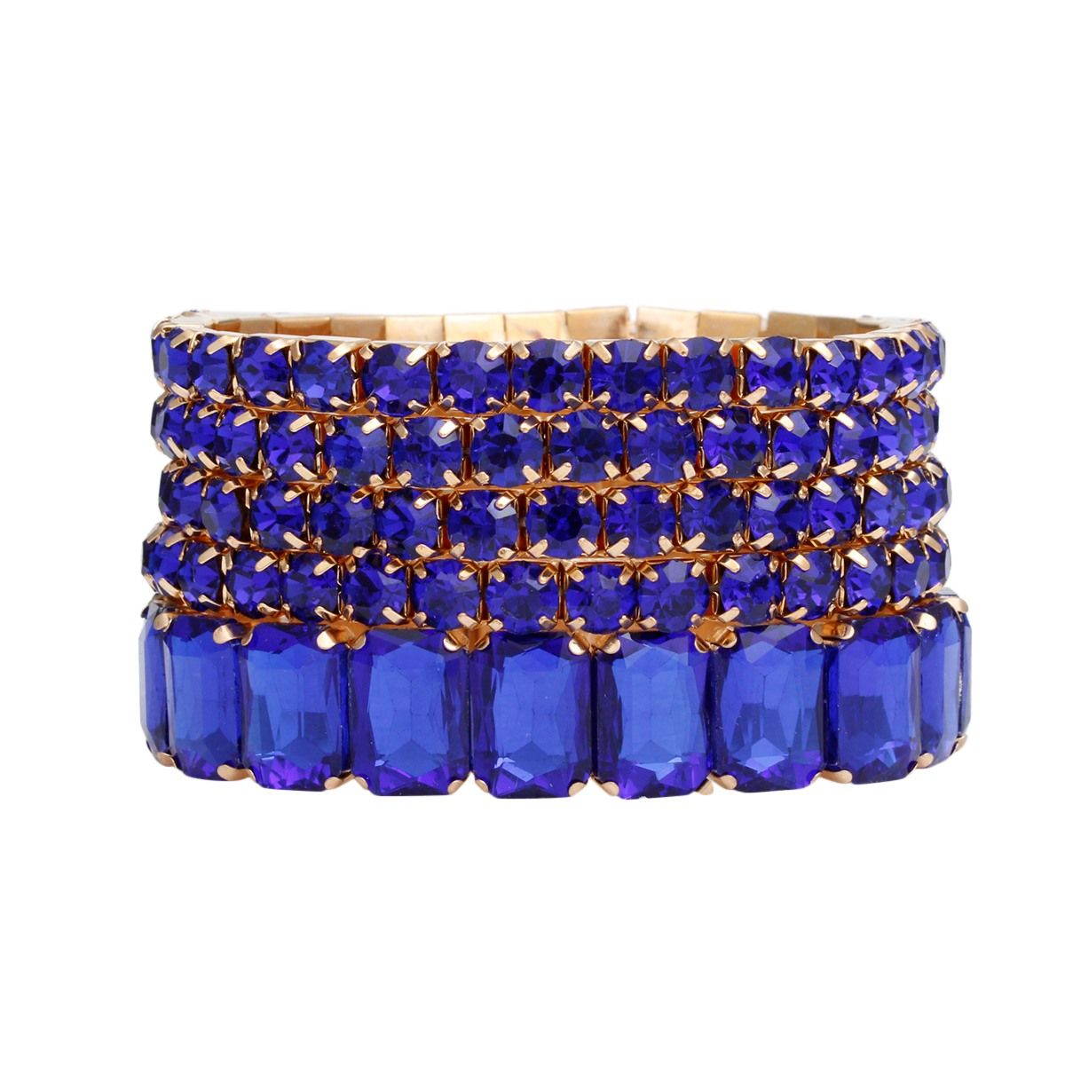 Gold-Tone Metal with Royal Blue Rhinestones Stretch Bracelet Set Jewelry Bubble