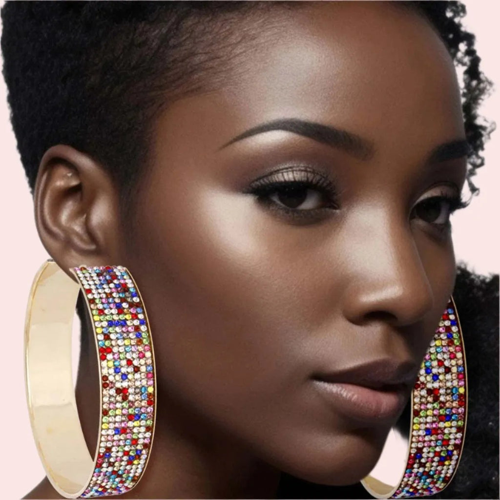 Gold-Tone Multicolor Rhinestone Wide Hoop Earrings
