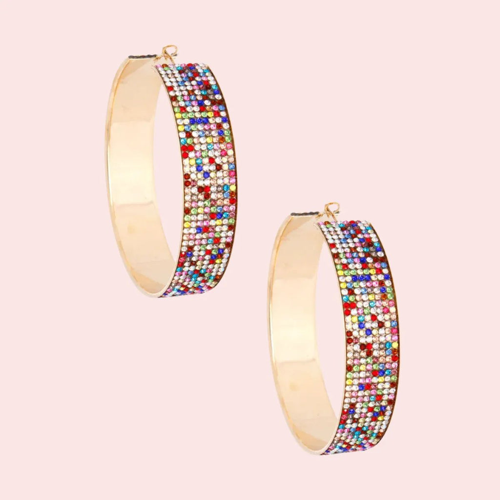 Gold-Tone Multicolor Rhinestone Wide Hoop Earrings